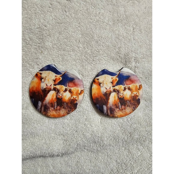Cow Car Coasters Highland Cattle Drink Coasters Farmhouse Decor‎ Set - Picture 1 of 2